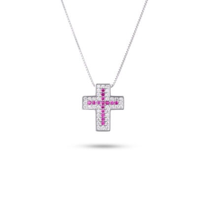 Collana con Pendente a Croce con Rubini e Zirconi