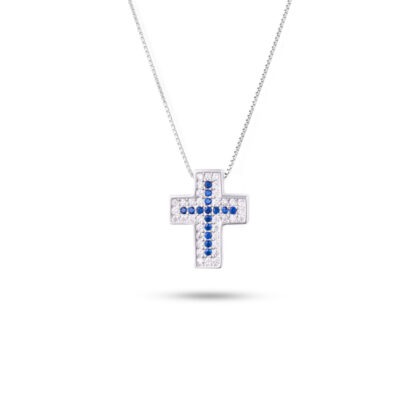Collana con Pendente a Croce con Zaffiro e Zirconi
