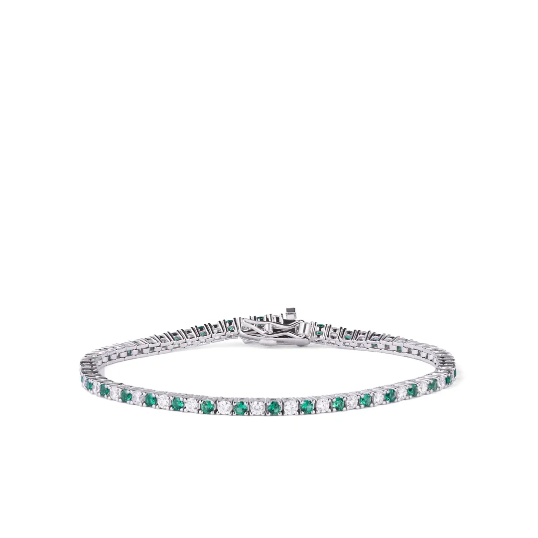 Bracciale Tennis Argento 925 Uomo - Donna | Zirconi Verdi e Bianchi 2mm | Chiusura a Cassetta con Sicura