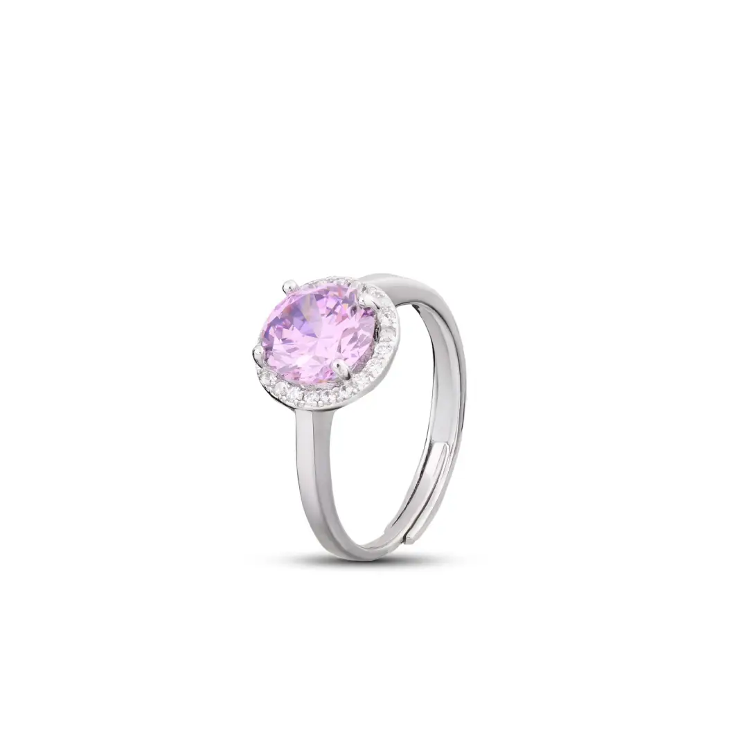 Anello Argento 925 Donna | Regolabile Rosetta Zircone Rosa Grande e Corona Zirconi Bianchi