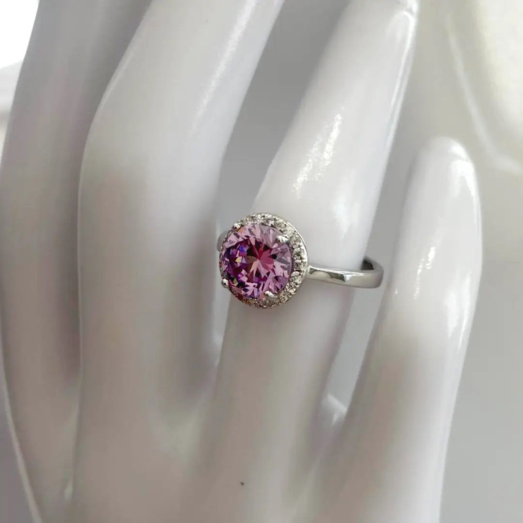 Anello Argento 925 Donna | Regolabile Rosetta Zircone Rosa Grande e Corona Zirconi Bianchi - immagine 5
