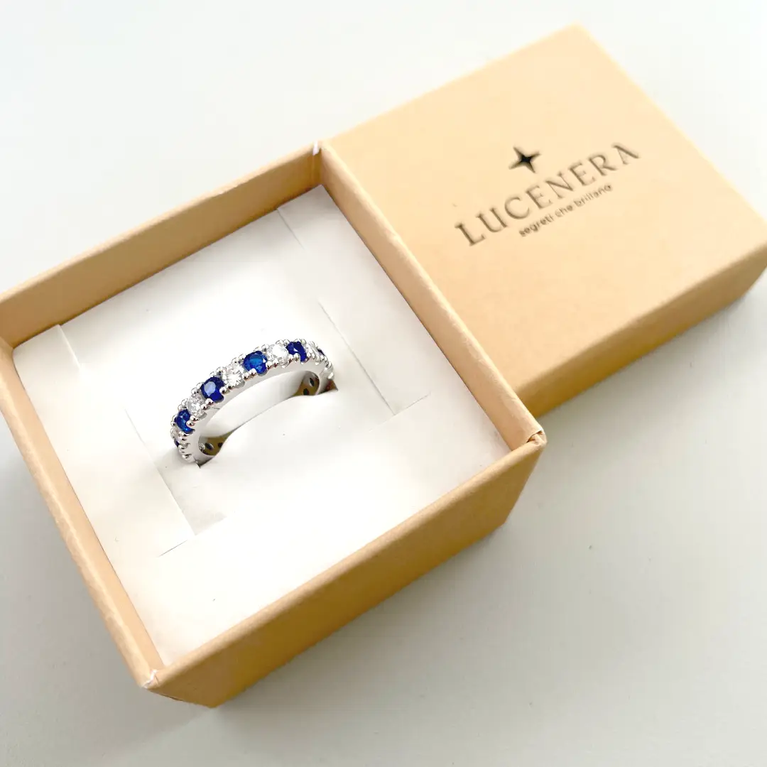 Anello Argento 925 Donna | Veretta Eternity Zirconi Blu e Bianchi Alternati - immagine 3