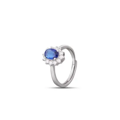 Anello Argento 925 Donna | Regolabile con Zircone Blu Ovale e Corona Zirconi Bianchi | Rosetta Kate