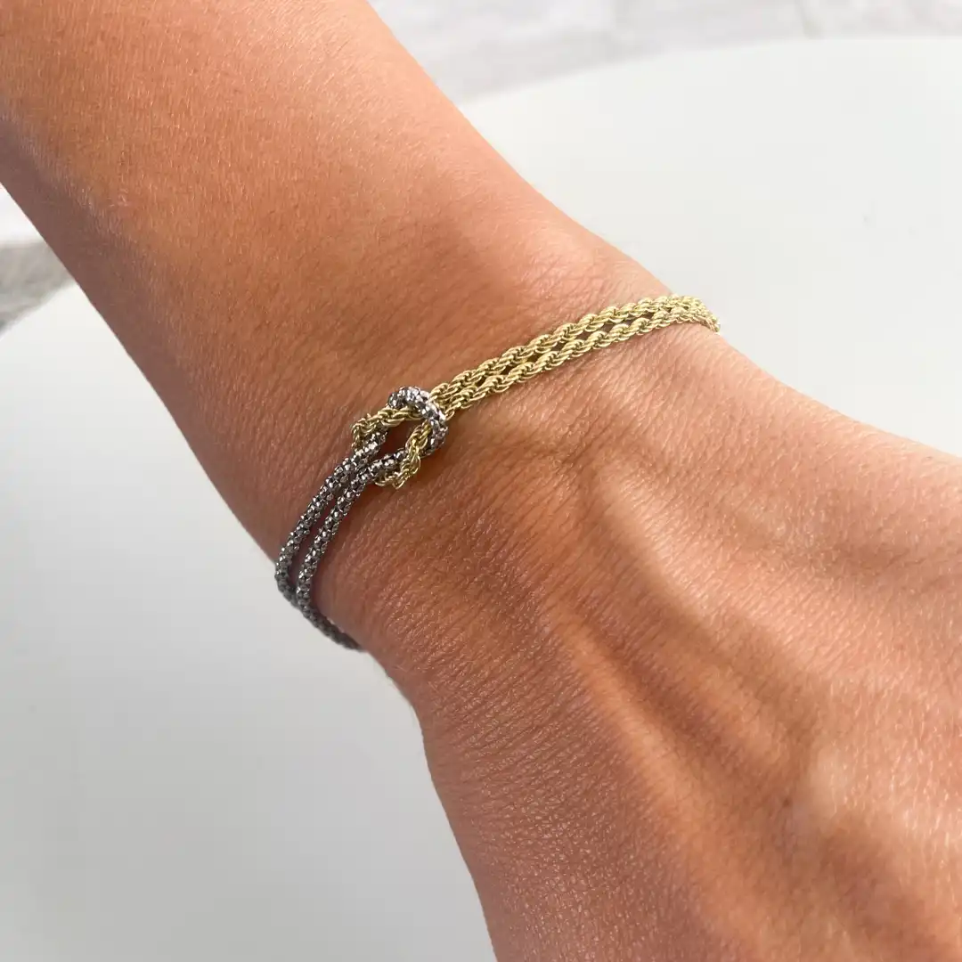 Bracciale Argento 925 Donna | Doppio Filo Catena Popcorn Nodo Infinito bicolore, dorato e argento | Regolabile 16-20 cm - immagine 4