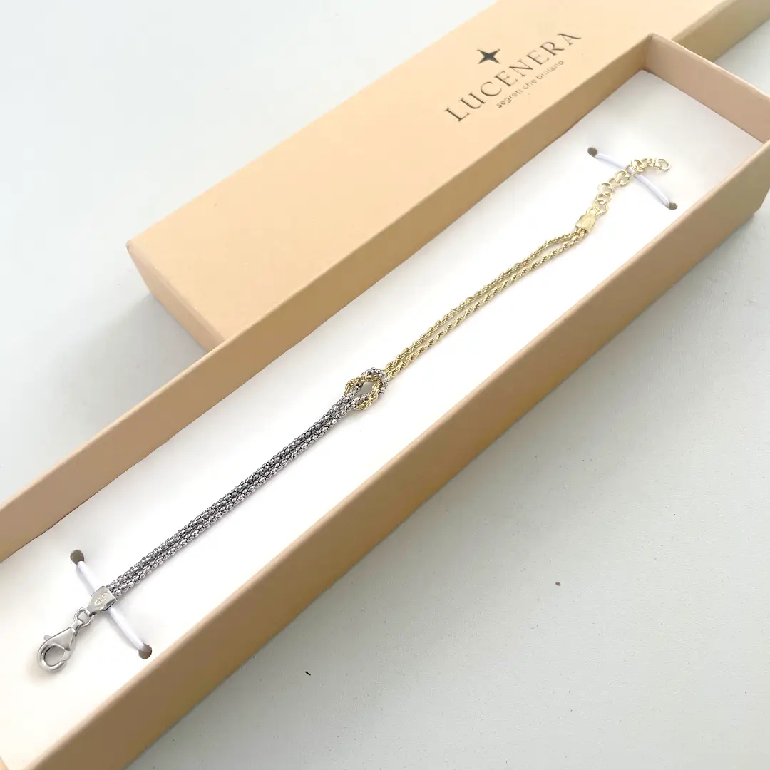 Bracciale Argento 925 Donna | Doppio Filo Catena Popcorn Nodo Infinito bicolore, dorato e argento | Regolabile 16-20 cm - immagine 3