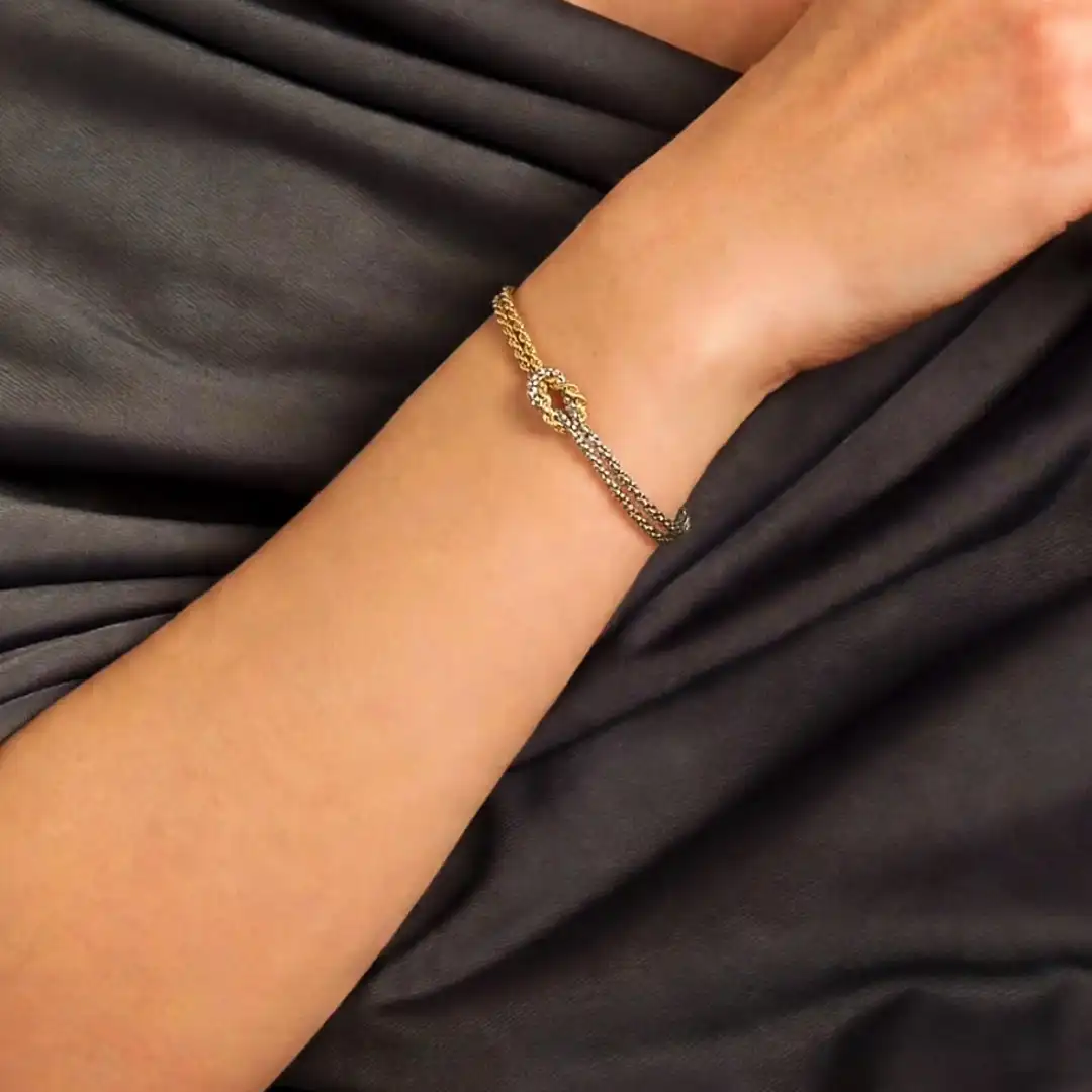 Bracciale Argento 925 Donna | Doppio Filo Catena Popcorn Nodo Infinito bicolore, dorato e argento | Regolabile 16-20 cm - immagine 2