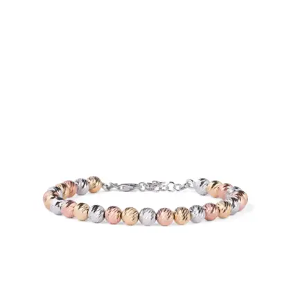 Bracciale Argento 925 Donna | Sfere Tricolore color Oro Giallo Rosa Diamantate 6mm | Regolabile 16-20 cm