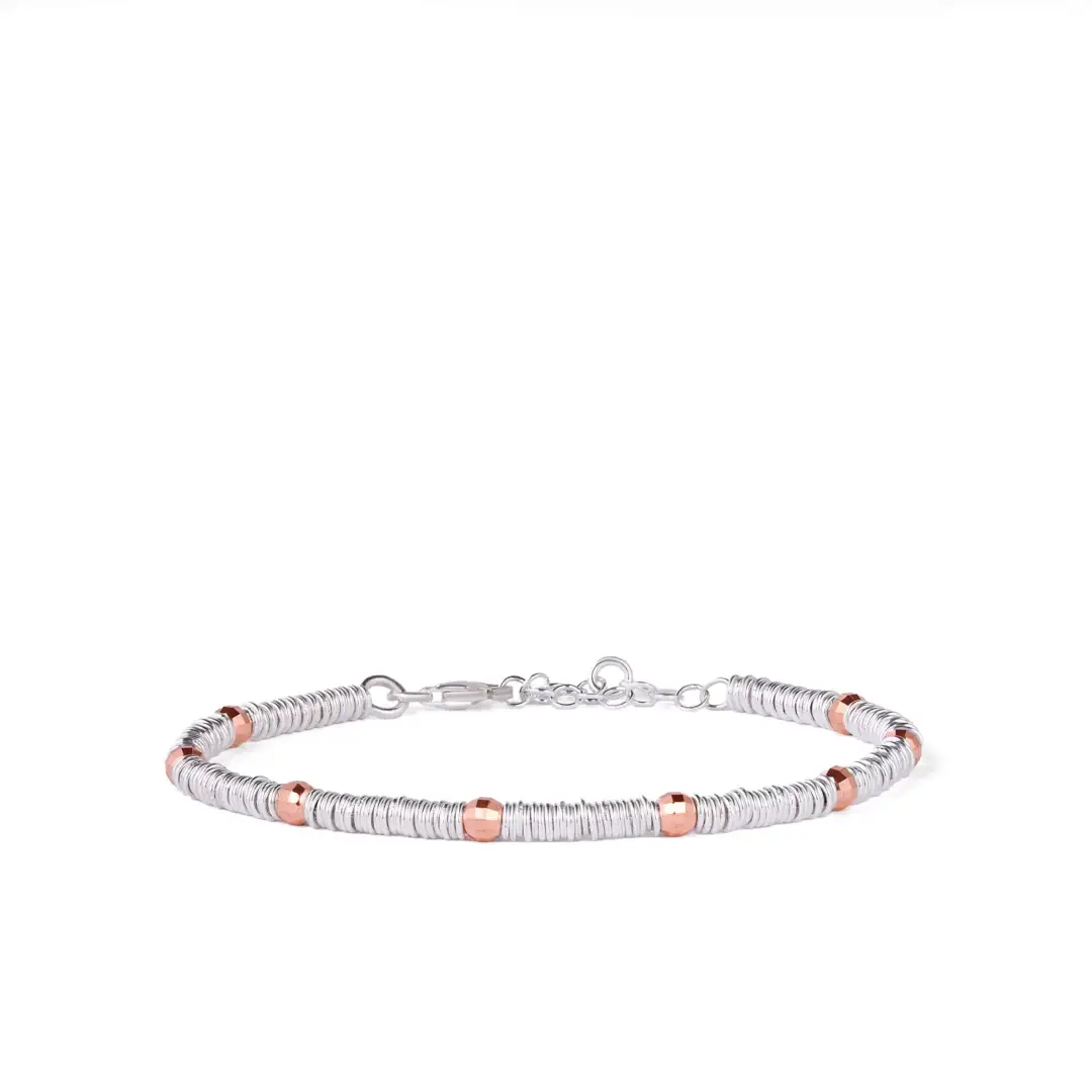 Bracciale Argento 925 Donna | Rondelle Argento e Sfere color Oro Rosa | Regolabile 16-20 cm