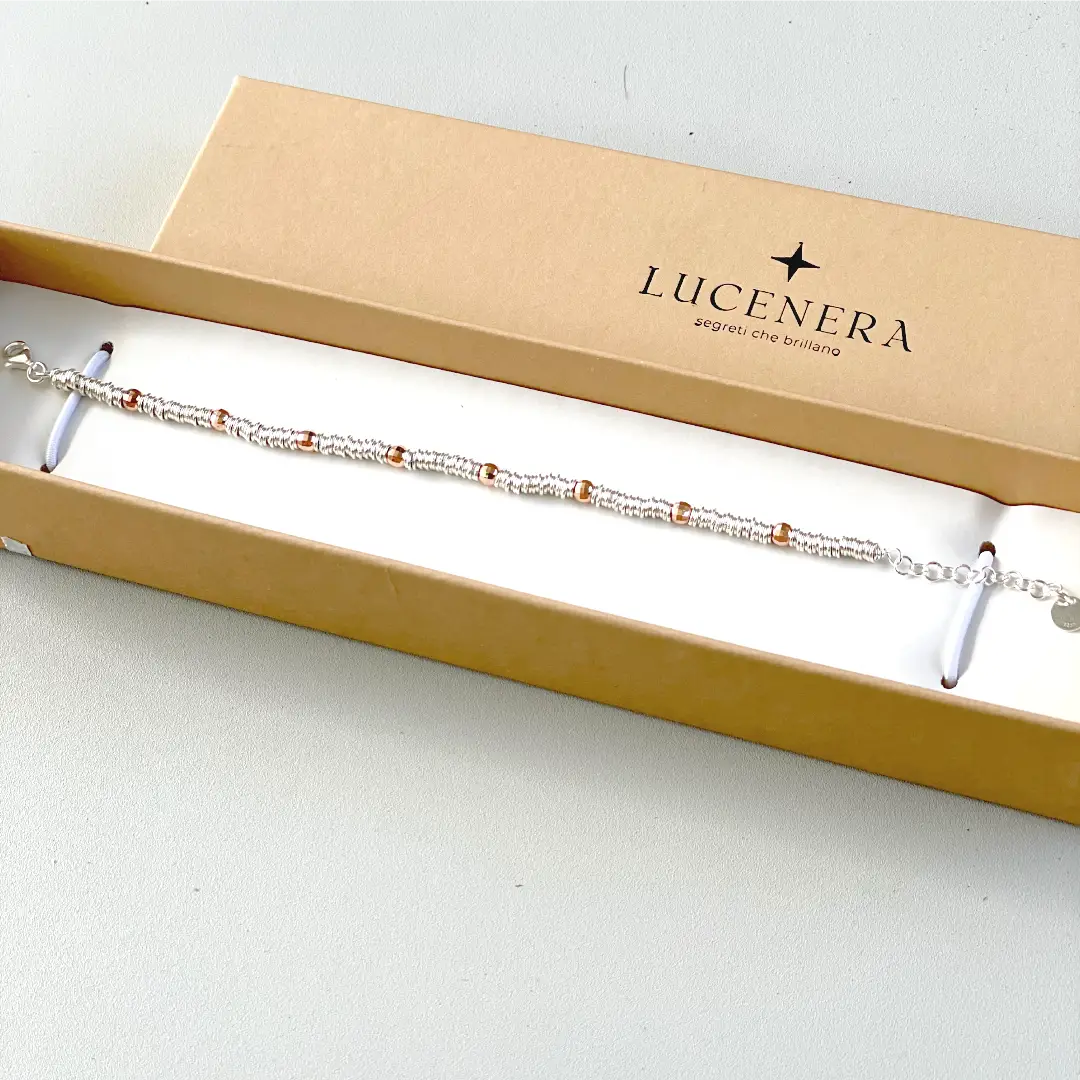 Bracciale Argento 925 Donna | Rondelle Argento e Sfere color Oro Rosa | Regolabile 16-20 cm - immagine 3