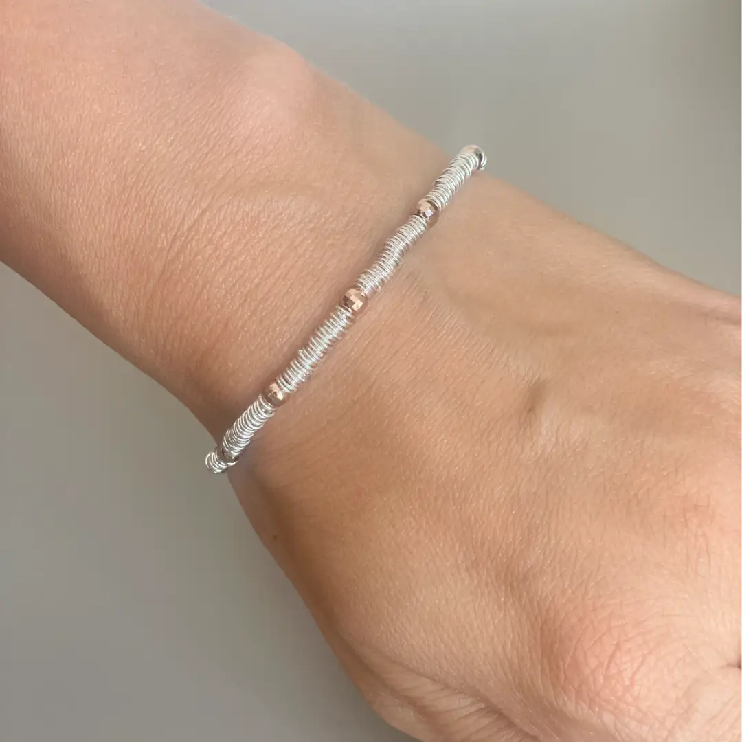 Bracciale Argento 925 Donna | Rondelle Argento e Sfere color Oro Rosa | Regolabile 16-20 cm - immagine 4