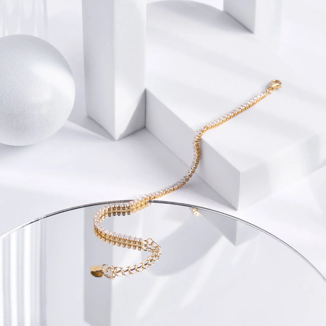 Bracciale Argento 925 Dorato Donna | Tennis 2mm Zirconi Bianchi | Regolabile 16-20 cm - immagine 7