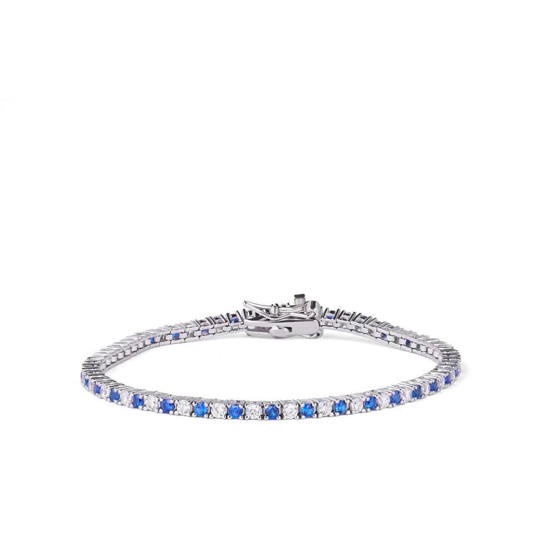 Bracciale Tennis Argento 925 Uomo - Donna | Zirconi Blu e Bianchi 2mm | Chiusura a Cassetta con Sicura