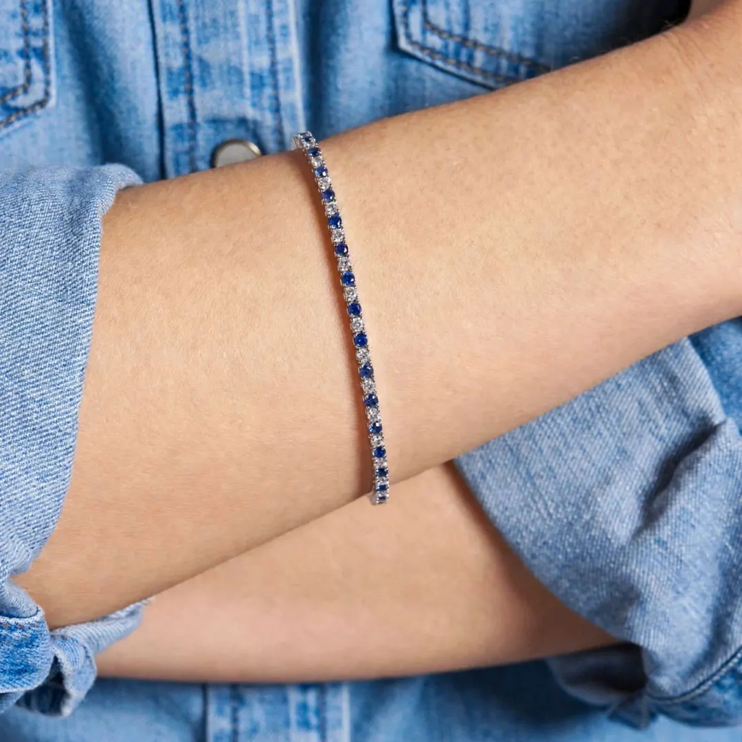 Bracciale Tennis Argento 925 Uomo - Donna | Zirconi Blu e Bianchi 2mm | Chiusura a Cassetta con Sicura - immagine 2