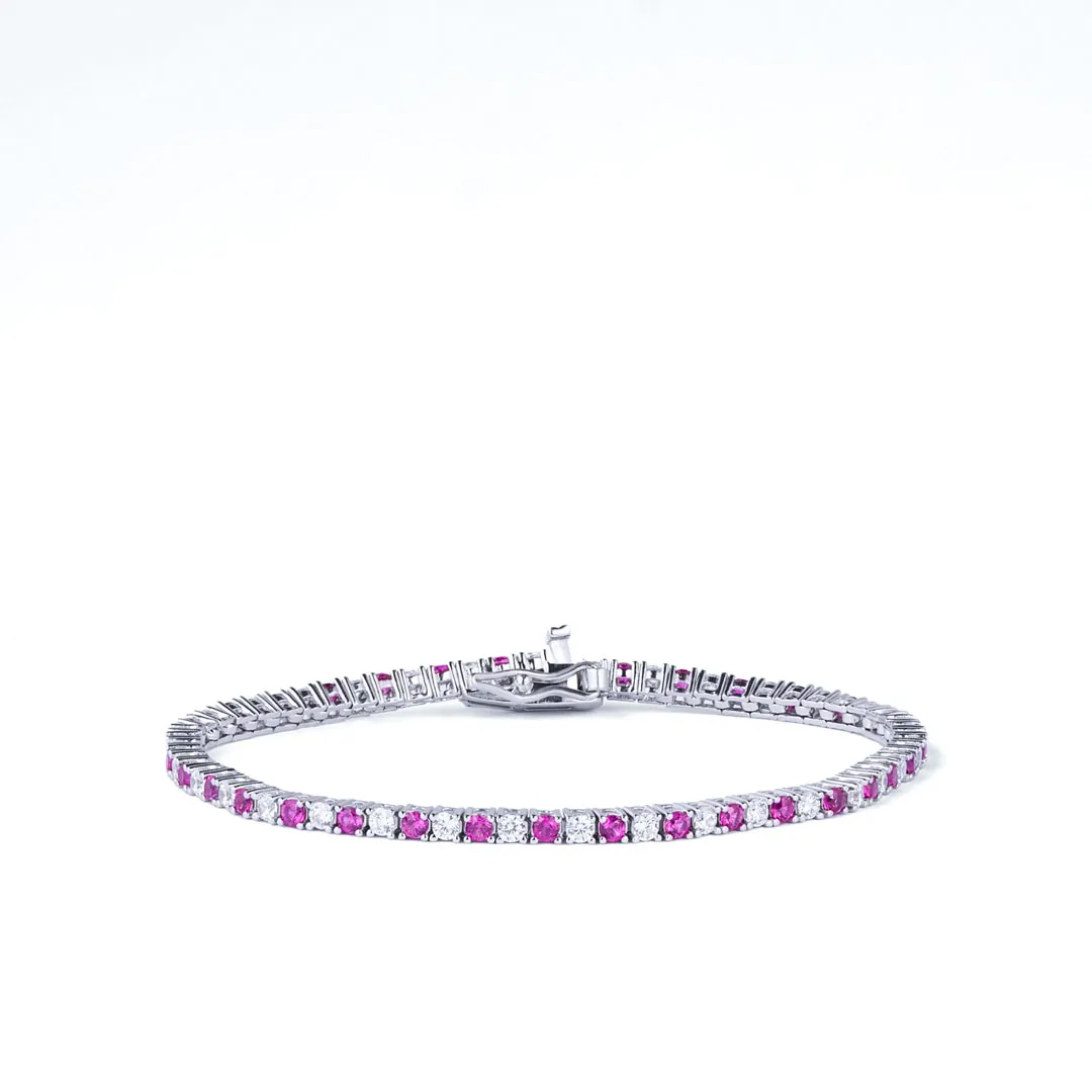 Bracciale Tennis Argento 925 Uomo - Donna | Zirconi Rossi e Bianchi 2mm | Chiusura a Cassetta con Sicura