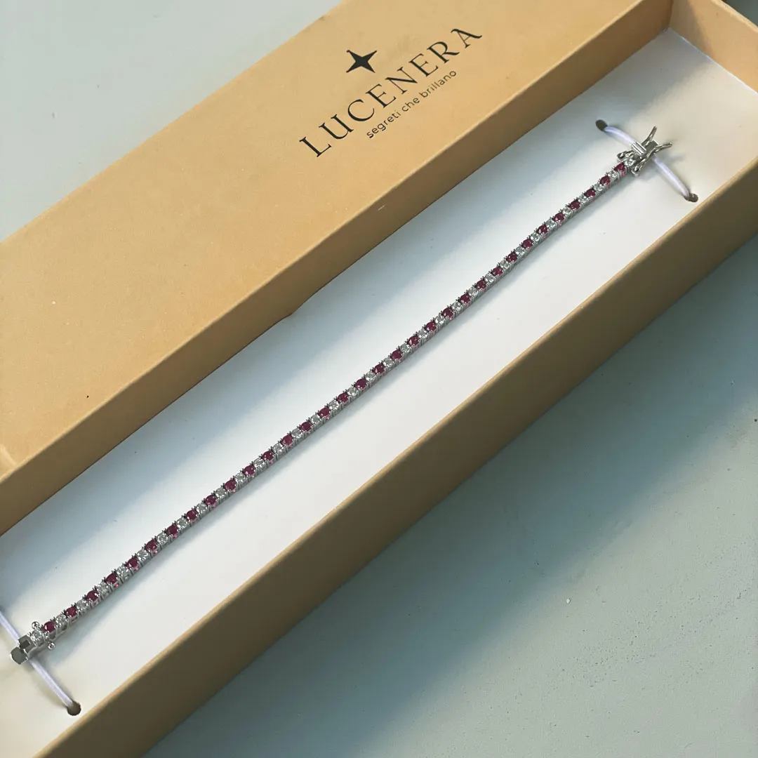 Bracciale Tennis Argento 925 Uomo - Donna | Zirconi Rossi e Bianchi 2mm | Chiusura a Cassetta con Sicura - immagine 3