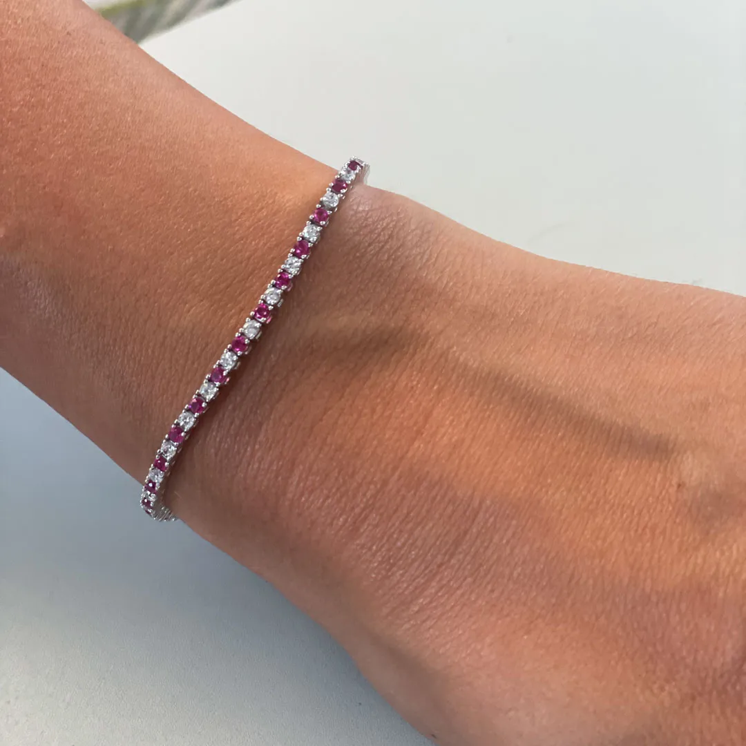 Bracciale Tennis Argento 925 Uomo - Donna | Zirconi Rossi e Bianchi 2mm | Chiusura a Cassetta con Sicura - immagine 4