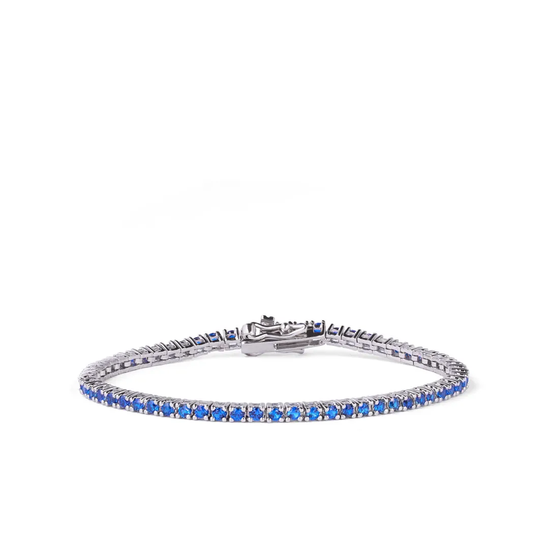 Bracciale Tennis Argento 925 Uomo - Donna | Zirconi Blu 2mm | Chiusura a Cassetta con Sicura