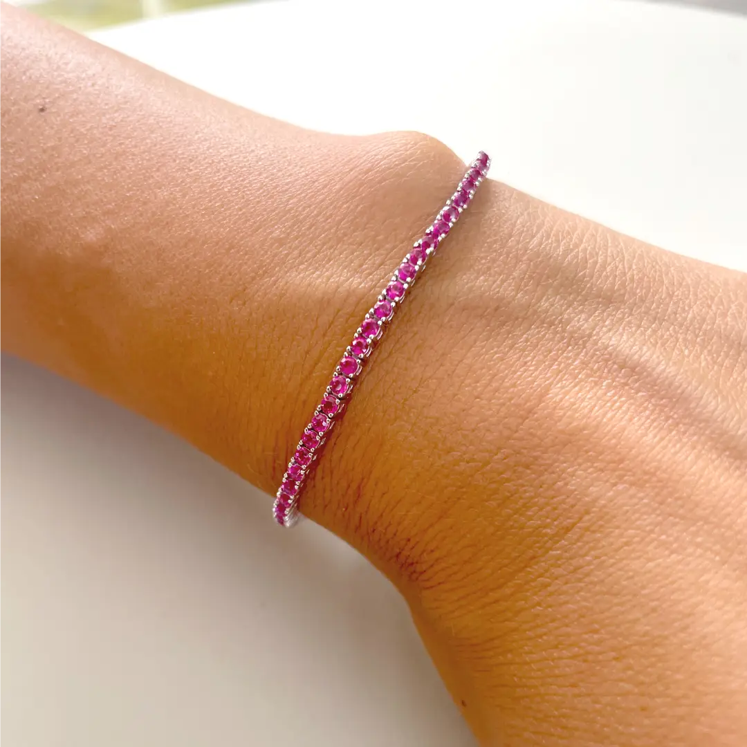Bracciale Tennis Argento 925 Donna | Zirconi Fucsia 2mm | Chiusura a Cassetta con Sicura - immagine 4