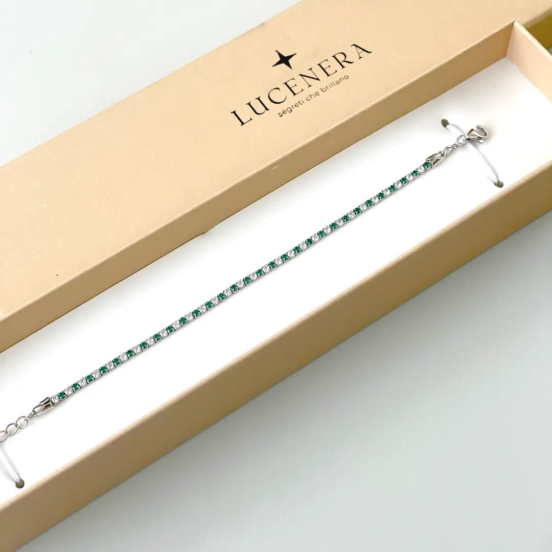 Bracciale Argento 925 Uomo - Donna | Tennis 2mm Zirconi Verdi e Bianchi | Regolabile 16-20 cm | Riviera - immagine 3