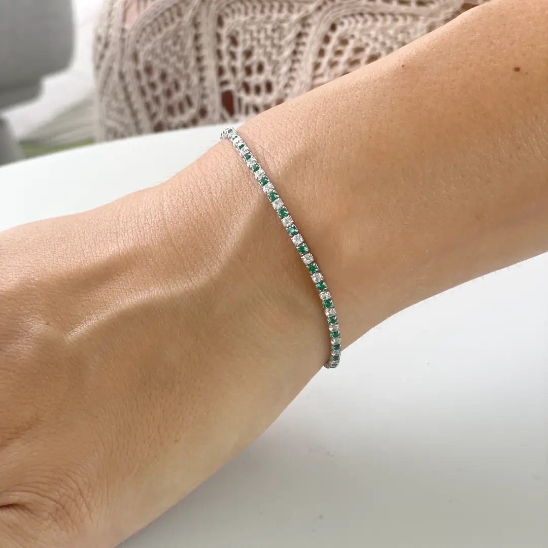 Bracciale Argento 925 Uomo - Donna | Tennis 2mm Zirconi Verdi e Bianchi | Regolabile 16-20 cm | Riviera - immagine 4