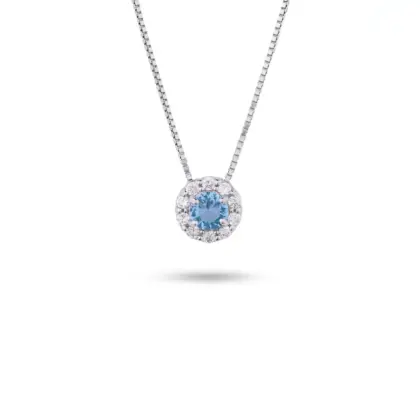 Collana Argento 925 Donna 45 o 50 cm | Girocollo Punto Luce Acqua Marina | Ciondolo Rosetta Halo Zirconi