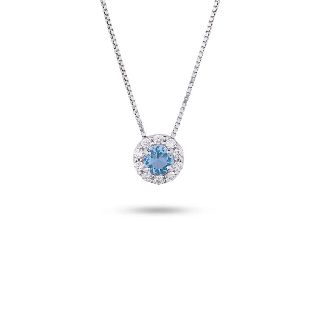 Collana Argento 925 Donna 45 o 50 cm | Girocollo Punto Luce Acqua Marina | Ciondolo Rosetta Halo Zirconi