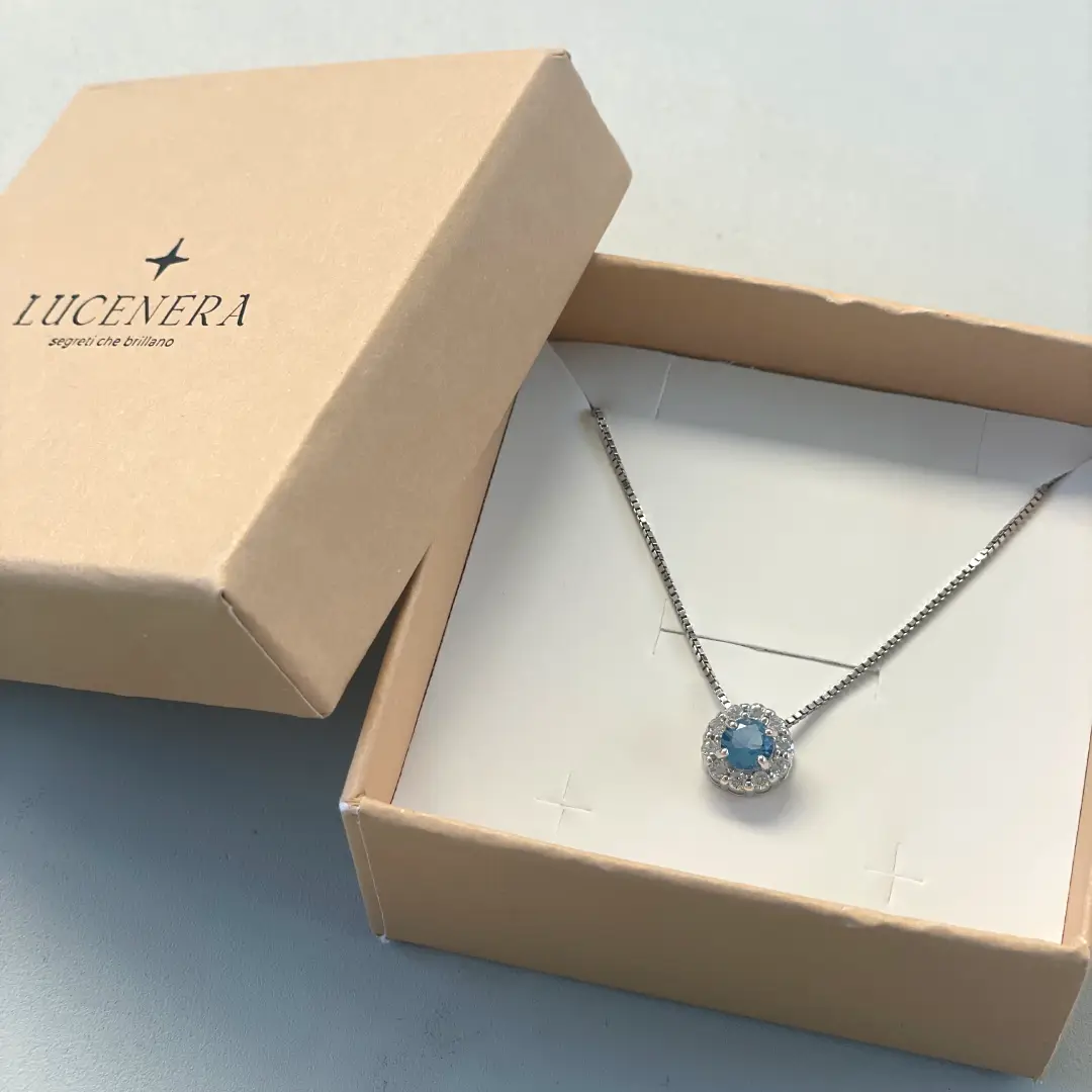 Collana Argento 925 Donna 45 o 50 cm | Girocollo Punto Luce Acqua Marina | Ciondolo Rosetta Halo Zirconi - immagine 3