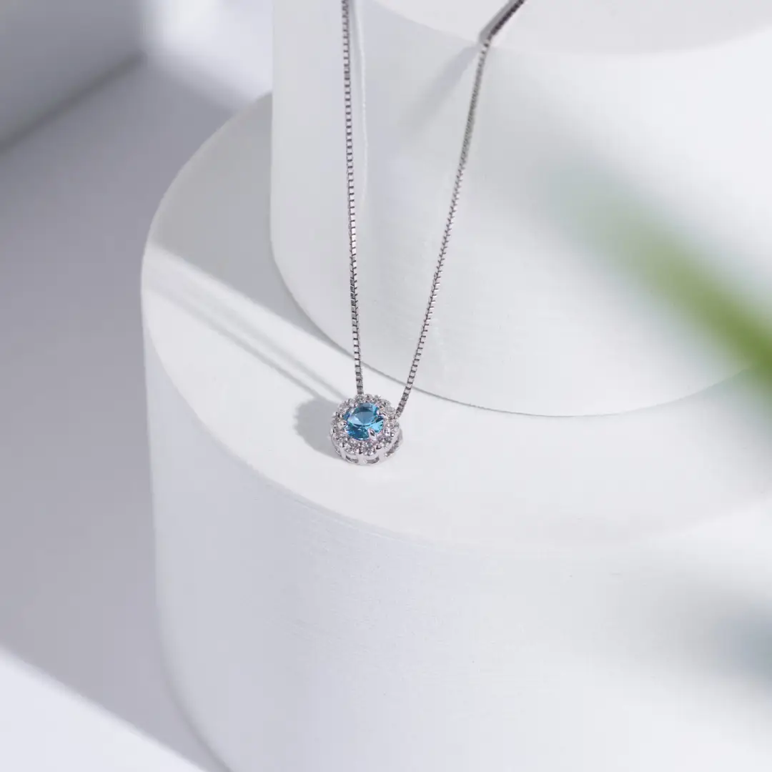 Collana Argento 925 Donna 45 o 50 cm | Girocollo Punto Luce Acqua Marina | Ciondolo Rosetta Halo Zirconi - immagine 6