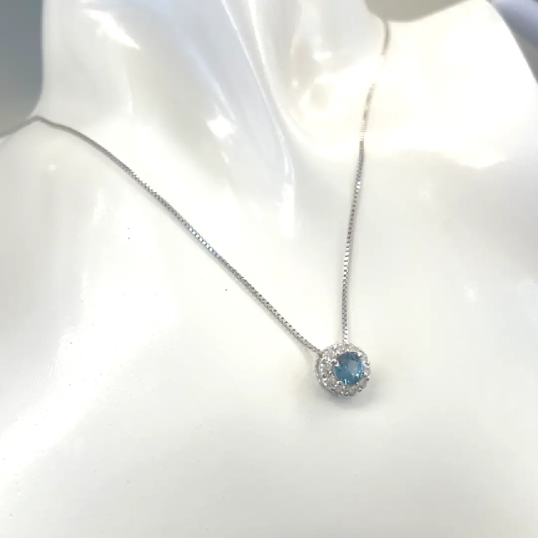 Collana Argento 925 Donna 45 o 50 cm | Girocollo Punto Luce Acqua Marina | Ciondolo Rosetta Halo Zirconi - immagine 4