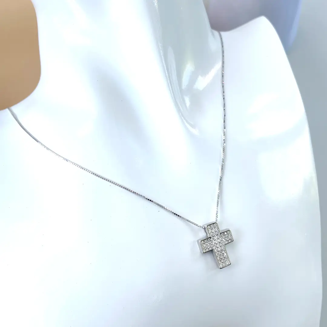 Collana Croce Argento 925 Donna 45 0 50 cm | Ciondolo Croce Pavé Zirconi Bianchi | Girocollo Croce - immagine 4