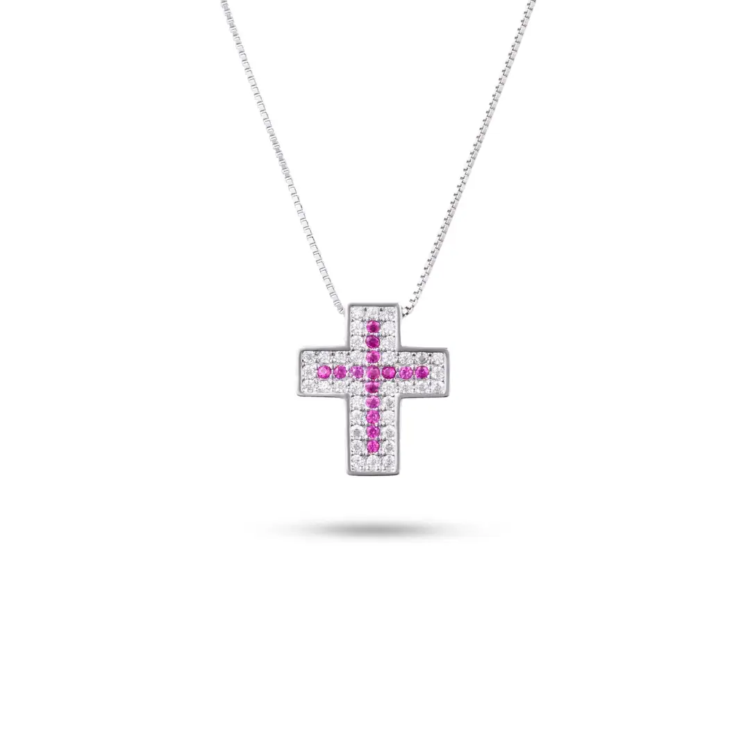 Collana Croce Argento 925 Donna 45 o 50 cm | Ciondolo Croce con Zirconi Fucsia e Bianchi | Girocollo Croce