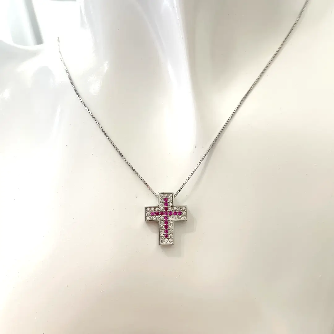 Collana Croce Argento 925 Donna 45 o 50 cm | Ciondolo Croce con Zirconi Fucsia e Bianchi | Girocollo Croce - immagine 4