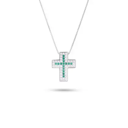 Collana Croce Argento 925 Donna 45 o 50 cm | Ciondolo Croce Doppia con Zirconi Verdi e Bianchi | Girocollo