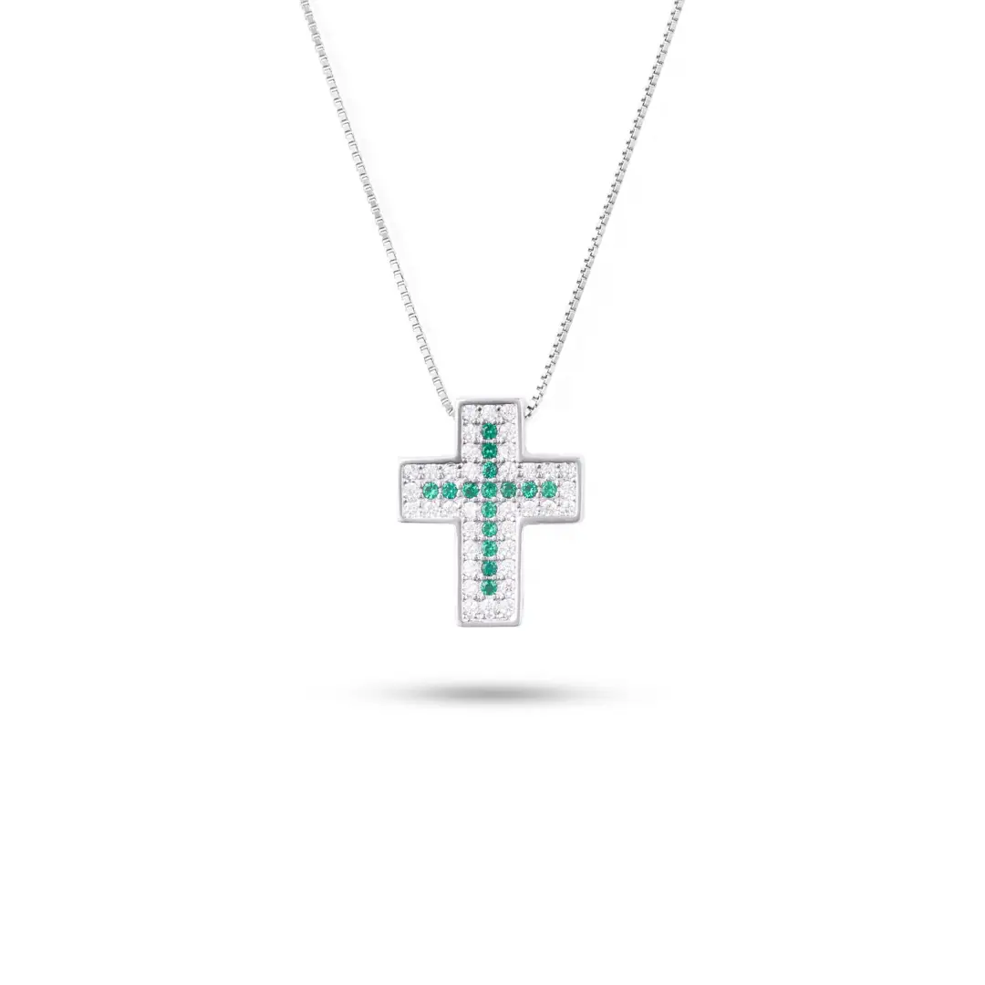 Collana Croce Argento 925 Donna 45 o 50 cm | Ciondolo Croce Doppia con Zirconi Verdi e Bianchi | Girocollo