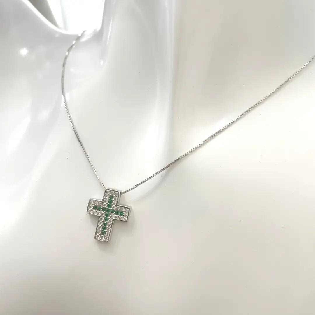 Collana Croce Argento 925 Donna 45 o 50 cm | Ciondolo Croce Doppia con Zirconi Verdi e Bianchi | Girocollo - immagine 4
