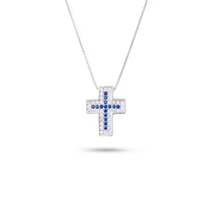 Collana Croce Argento 925 Donna 45 o 50 cm | Ciondolo Croce Zirconi Blu e Bianchi | Girocollo Croce