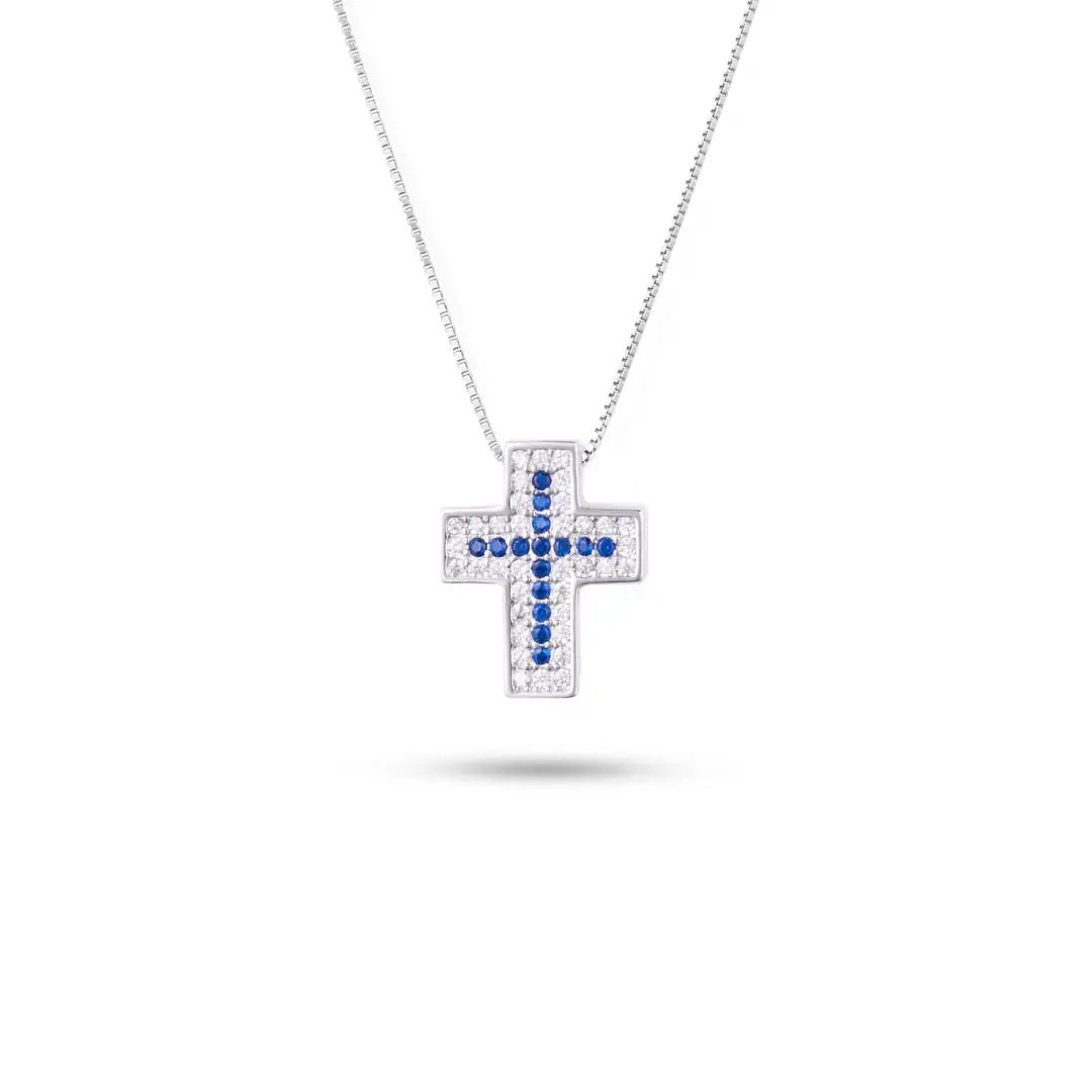 Collana Croce Argento 925 Donna 45 o 50 cm | Ciondolo Croce Zirconi Blu e Bianchi | Girocollo Croce