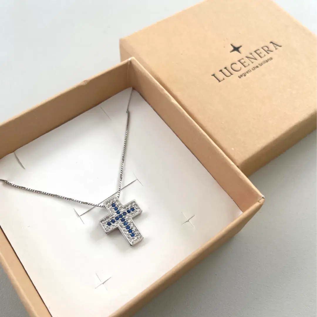 Collana Croce Argento 925 Donna 45 o 50 cm | Ciondolo Croce Zirconi Blu e Bianchi | Girocollo Croce - immagine 3