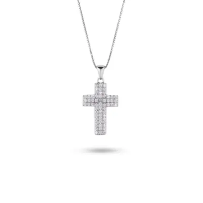 Collana Croce Argento 925 Donna 45 o 50 cm | Ciondolo Croce Zirconi Bianchi | Catena Veneziana