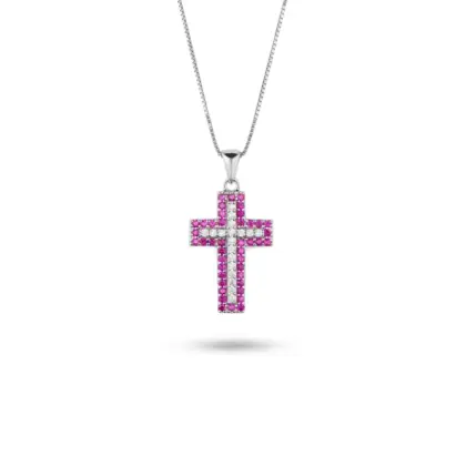 Collana Croce Argento 925 Donna 45 o 50 cm | Ciondolo Croce Doppia con Zirconi Fucsia e Bianchi | Girocollo