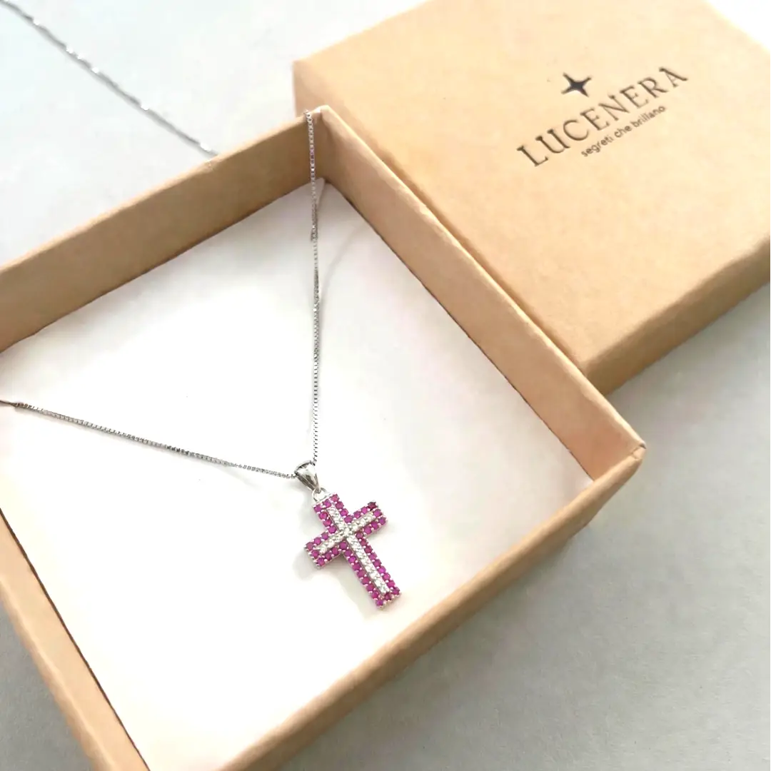 Collana Croce Argento 925 Donna 45 o 50 cm | Ciondolo Croce Doppia con Zirconi Fucsia e Bianchi | Girocollo - immagine 3