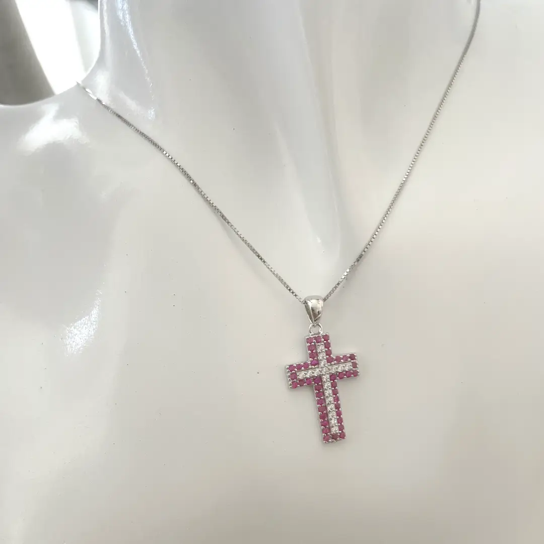 Collana Croce Argento 925 Donna 45 o 50 cm | Ciondolo Croce Doppia con Zirconi Fucsia e Bianchi | Girocollo - immagine 4