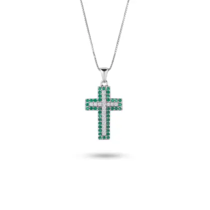Collana Croce Argento 925 Donna 45 o 50 cm | Zirconi Verdi Smeraldo e Bianchi | Veneziana
