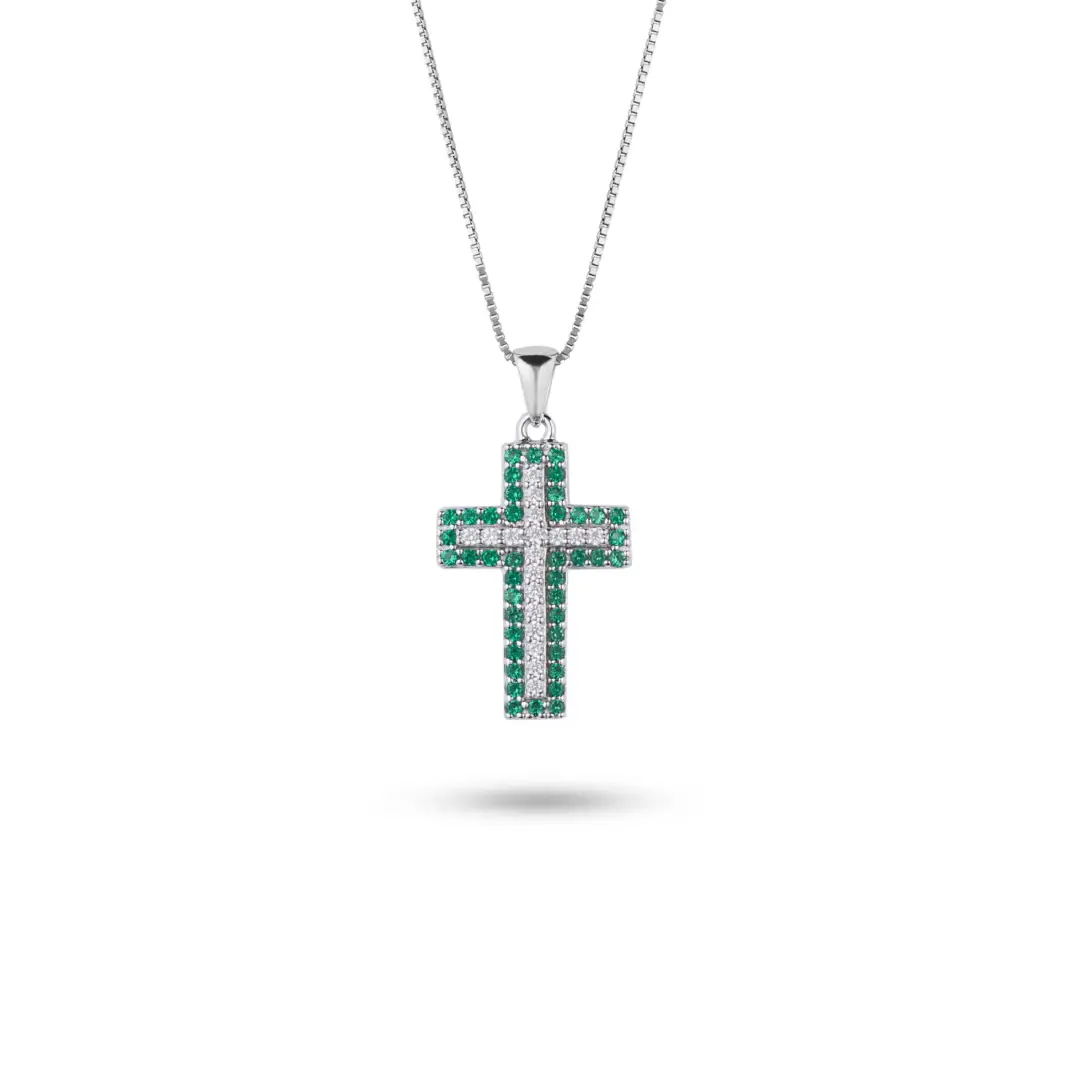 Collana Croce Argento 925 Donna 45 o 50 cm | Zirconi Verdi Smeraldo e Bianchi | Veneziana