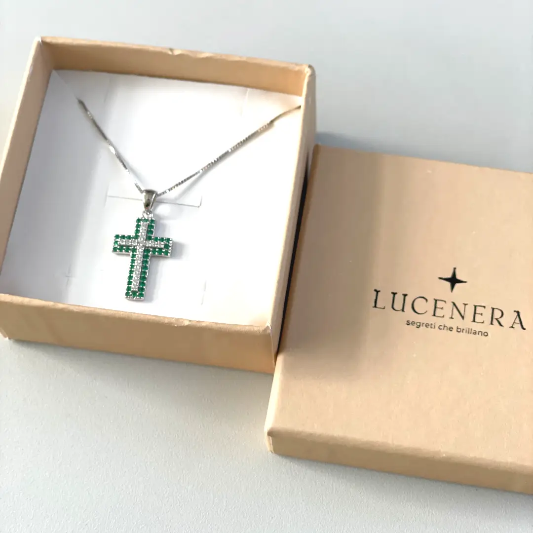 Collana Croce Argento 925 Donna 45 o 50 cm | Zirconi Verdi Smeraldo e Bianchi | Veneziana - immagine 3