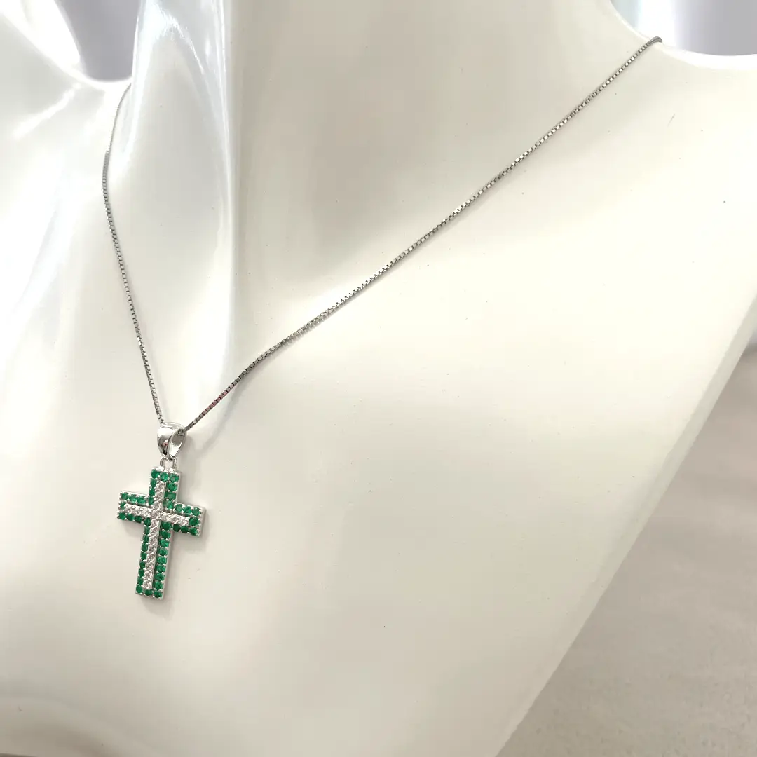 Collana Croce Argento 925 Donna 45 o 50 cm | Zirconi Verdi Smeraldo e Bianchi | Veneziana - immagine 4