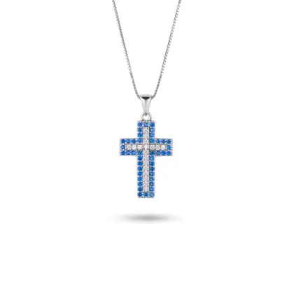 Collana Croce Argento 925 Donna 45 o 50 cm | Ciondolo Croce Zirconi Blu e Bianchi | Catena Veneziana