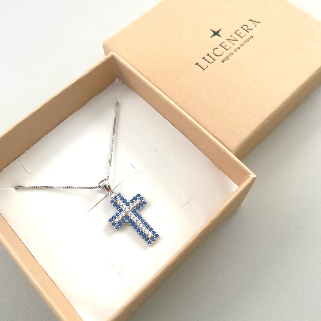 Collana Croce Argento 925 Donna 45 o 50 cm | Ciondolo Croce Zirconi Blu e Bianchi | Catena Veneziana - immagine 3