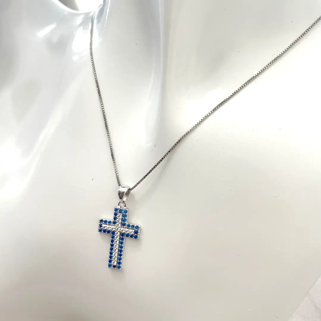 Collana Croce Argento 925 Donna 45 o 50 cm | Ciondolo Croce Zirconi Blu e Bianchi | Catena Veneziana - immagine 4