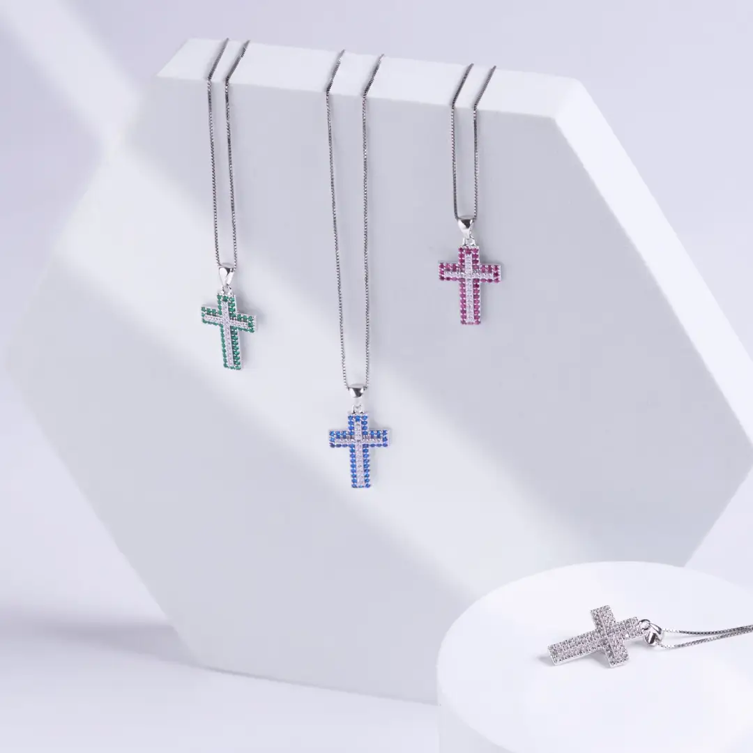 Collana Croce Argento 925 Donna 45 o 50 cm | Ciondolo Croce Doppia con Zirconi Fucsia e Bianchi | Girocollo - immagine 6